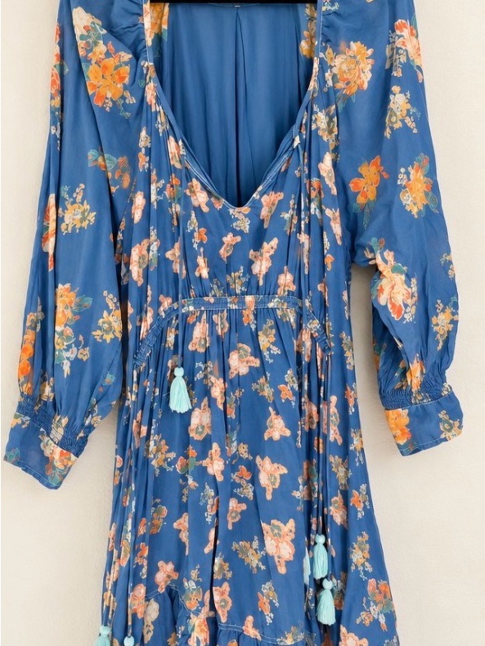 Free People Blue Floral Long Sleeve V-Neck Tassel Dress